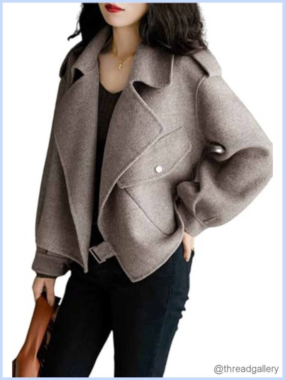Women Cropped Wool Blend Pea Coat Notched Lapel Open Front Trench Overcoat